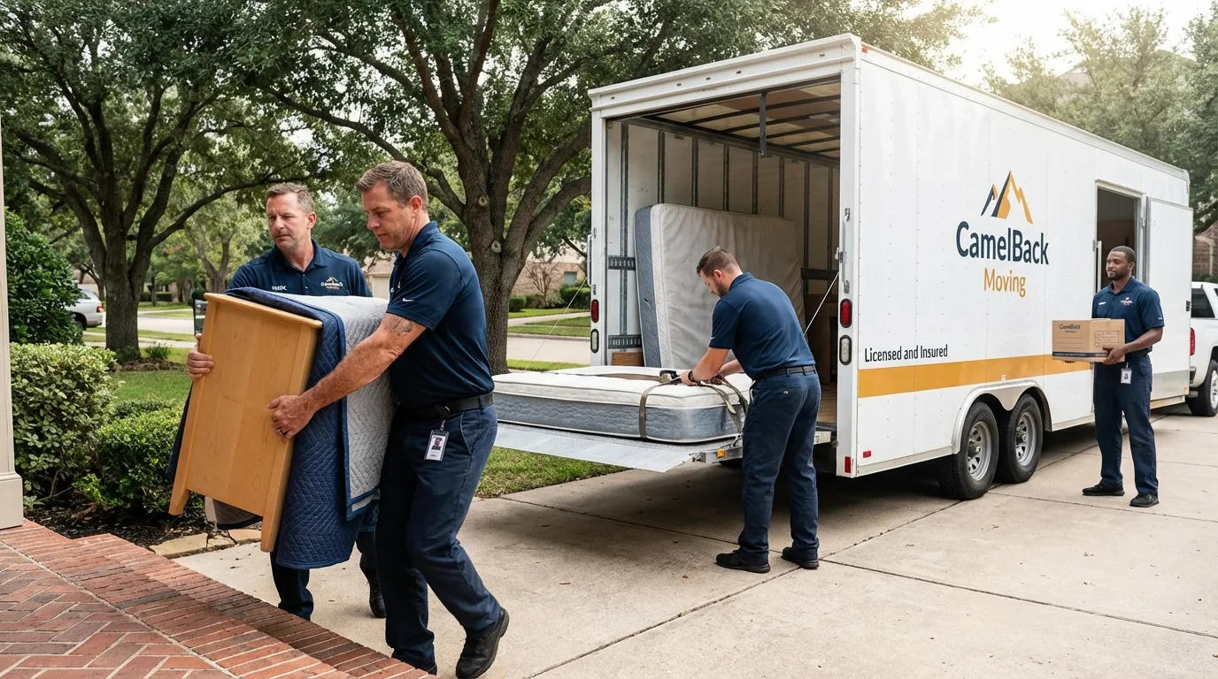 Crew loading residential truck for cross-state move from Moriarty, NM
