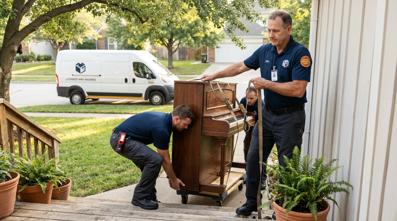 Licensed piano movers securing grand piano in Moriarty, NM