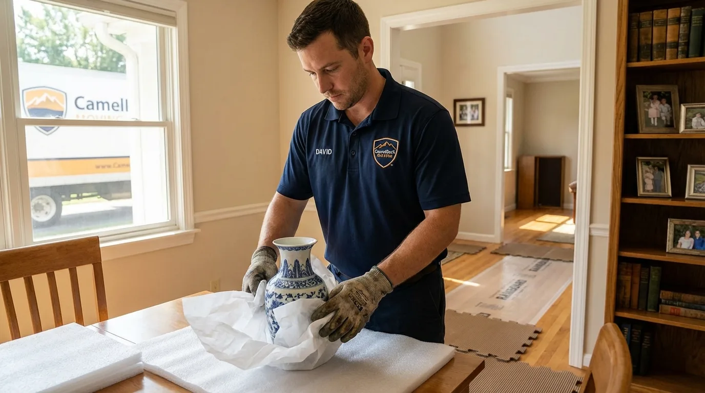 Professional crew carefully wrapping antique vase for senior downsizing move in Moriarty, NM