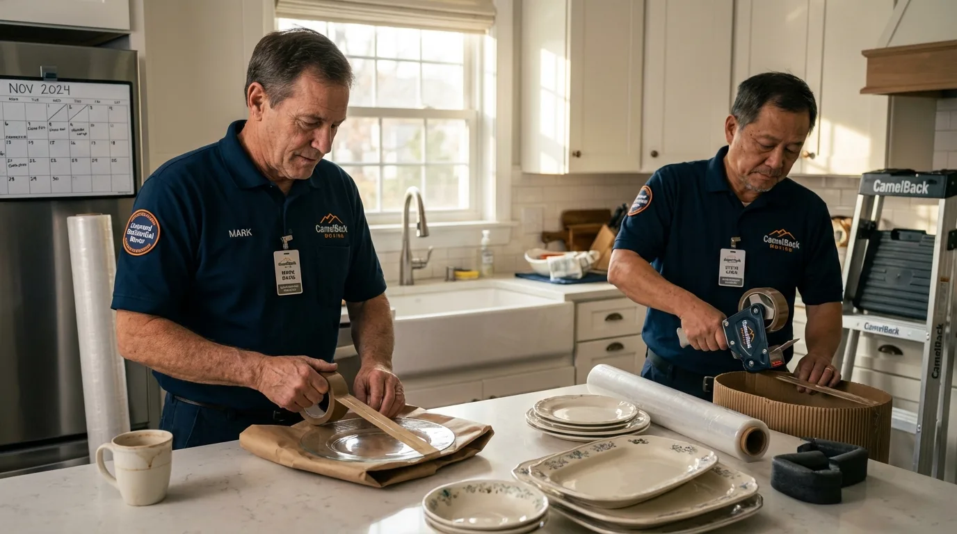 Professional crew packing kitchen dishware in Moriarty, NM